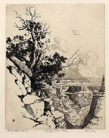 George Elbert Burr (1859-1939) artwork for sale. Canyon Rim, Arizona (Canyon with River and Trees), Print, circa 1925, Denver, Colorado, Art Gallery)