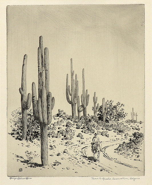 George Elbert Burr (1859-1939) artwork for sale. Road to Apache Reservation, Arizona (Landscape with Cacti, Horse, and Rider), Print, circa 1925, Denver, Colorado, Art Gallery)