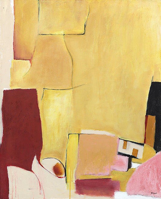 Wilma Fiori (1929-2019) artwork for sale. Mesa Verde (Abstract in Gold, Burgundy, Pink, and Ochre), Painting, 1988, Denver, Colorado, Art Gallery)