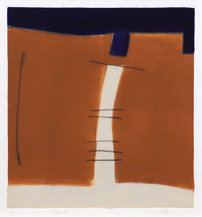Wilma Fiori (1929-2019) artwork for sale. Taos II (Composition with Umber, Blue, and Cream), Print, circa 1990-2005, Denver, Colorado, Art Gallery)