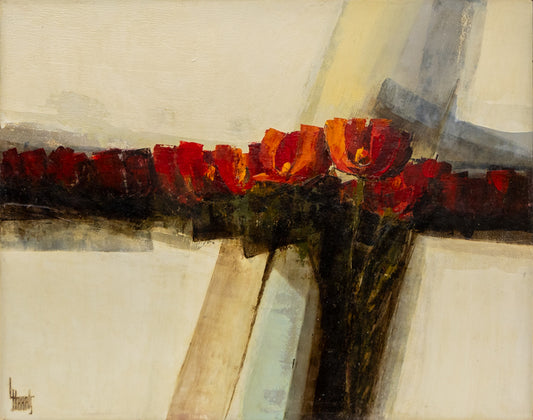 Larry (Lawrence) Harris (1937-2008) artwork for sale. Untitled (Abstract with Red Flowers), Painting, circa 1970-1980, Denver, Colorado, Art Gallery)