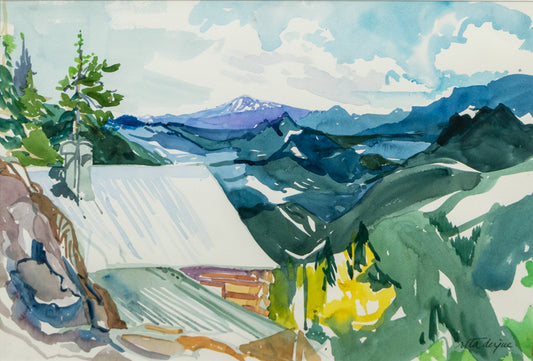 Rita Derjue (1934-2020) artwork for sale. Untitled (Cabin in the Mountains), Painting, Denver, Colorado, Art Gallery)