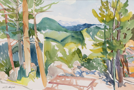 Rita Derjue (1934-2020) artwork for sale. Untitled (Picnic table and Pine Trees in Mountain Landscape), Painting, circa 1990-2000, Denver, Colorado, Art Gallery)