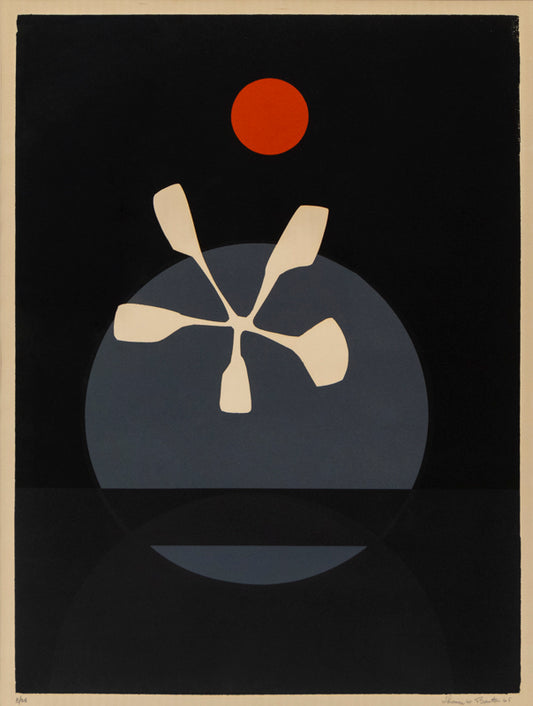 Thomas Whelan Benton (1930-2007) artwork for sale. Untitled  (Abstract in Gray, Black and White with Red Moon), Print, 1965, Denver, Colorado, Art Gallery)