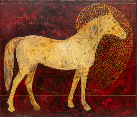 Sharron Evans (1956-) artwork for sale. Walking in Grace and Truth (Gold horse standing against a red background), Painting, 2001, Denver, Colorado, Art Gallery)