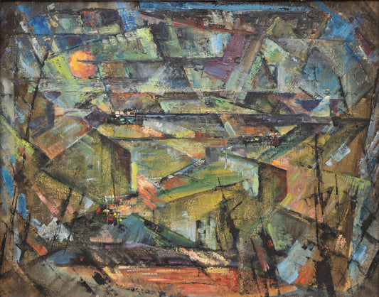 Charles Bunnell (1897-1968) artwork for sale. Moonrise Over Colorado Springs (Abstract composition in Green, Blue, Ochre, and Black), Painting, 1952, Denver, Colorado, Art Gallery)