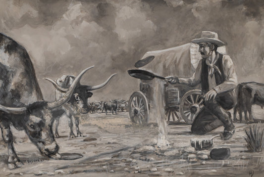 Indiscernible artwork for sale. Untitled (Cowboy & Longhorns), Painting, Denver, Colorado, Art Gallery)
