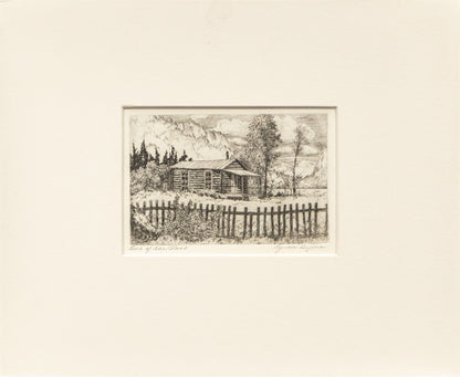 Out of the Past (View of Cabin with Trees and Mountains), Print, circa 1929-1930