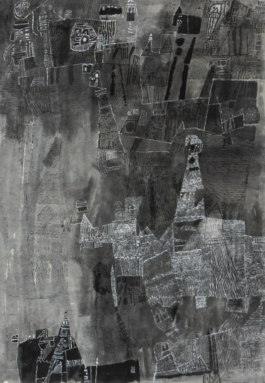 Ynez Johnston (1920-2019) artwork for sale. Untitled (Abstract monochrome composition in Black and White), Painting, 1985, Denver, Colorado, Art Gallery)