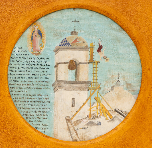 artwork for sale. Ex Voto; Holy Tribute for the Healing from Falling off the Church Bell Tower., Retablo, dated 1934, Denver, Colorado, Art Gallery)