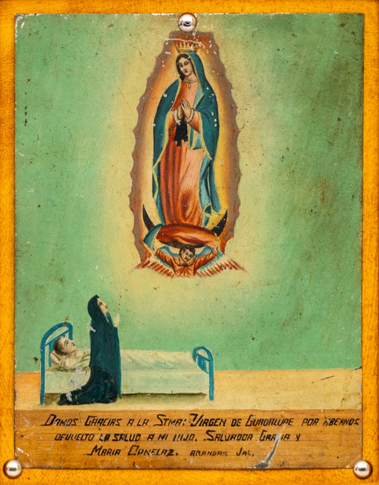 artwork for sale. Ex Voto; Holy Tribute for the Healing of a Son, Retablo, circa 1940, Denver, Colorado, Art Gallery)